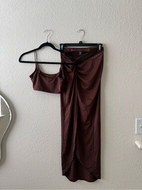 SHEIN Brown Two-Piece Knot Front Crop Top and Skirt Set
